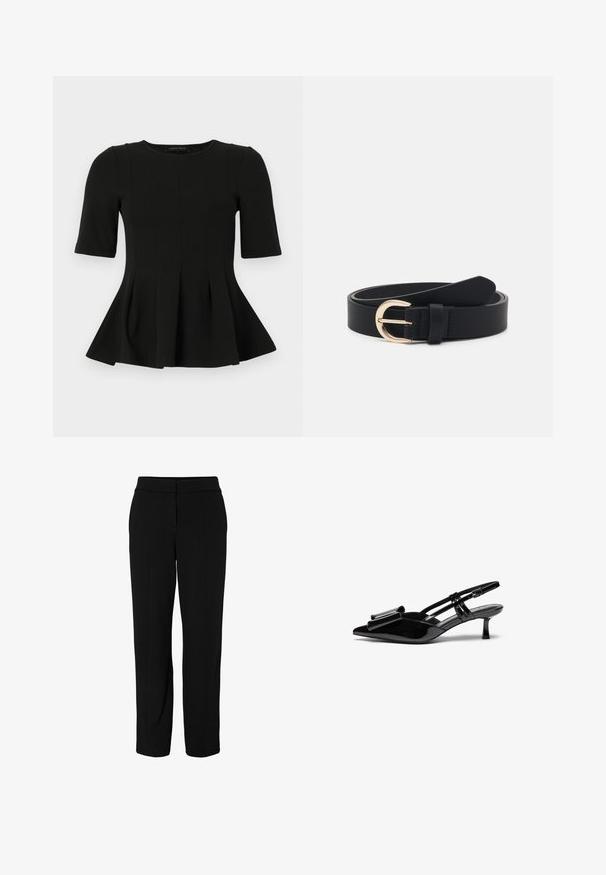 Sort peplum top med korte ærmer og rund udskæring samt lodrette sømdetaljer, vist på en hvid baggrund.; Sorte skræddersyede bukser lavet af et glat stof. Har et lige ben-design, talje og frontfald for struktur.; Sorte patenterede læderslingbacks med spids tå, en sløjfedetalje foran og en lille stilettohæle. Remmene har justerbare spænder.; Sort læderbælte med en guld metalspænde, flad tekstur og en enkelt ring; har en glat overflade og minimal design.