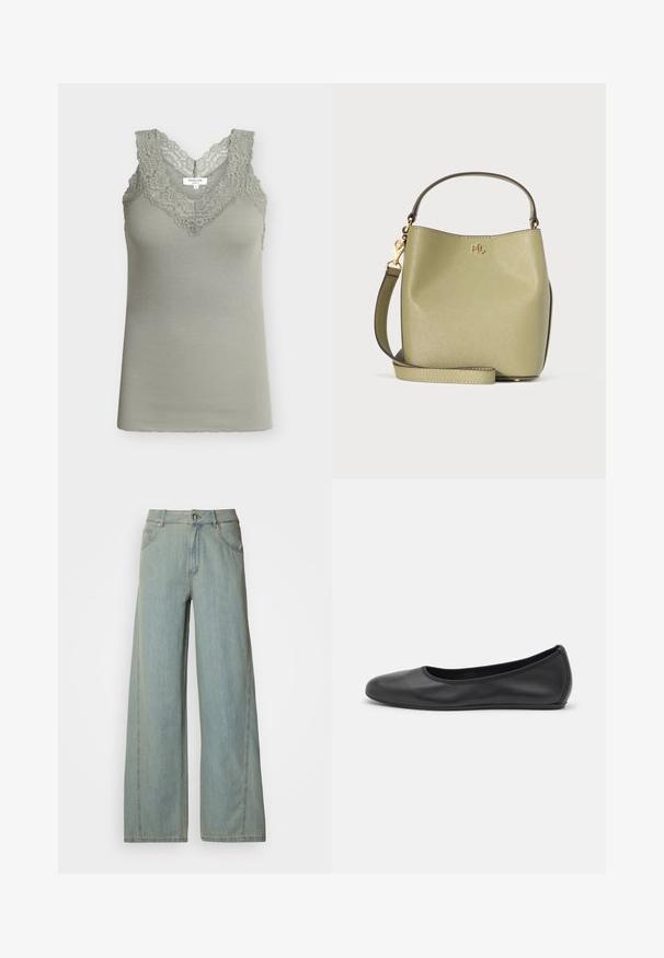 Ærmeløs ribstrikket tanktop i dæmpet grøn med blomsterblondekant rundt V-hals og skuldre, størrelse small.; Lyseblå bredbuks jeans lavet af denim, med knap- og lynlås-lukning, fem lommer og kontrasterende syninger.; Sort læderballetsko med rund tå, glat tekstur, minimal syning og et fleksibelt såldesign.; Olivengrøn skind bucket taske med kort håndtag og aftagelig skulderrem, med lille gyldent "RL" logo foran.
