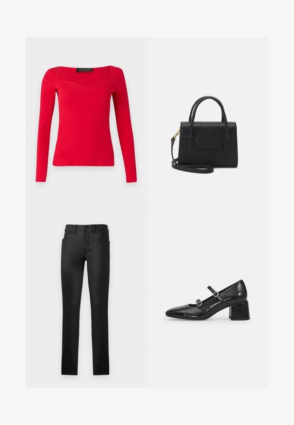 Top largo de manga larga color rojo con cuello cuadrado y un sutil estilo de corazón. Fabricado con una tela elástica para una silueta ajustada.; TOM TAILOR TTLUCIE SKINNY FIT - Vaqueros pitillo - coated black denim; Zapatos Mary Jane de charol negro con punta afilada, dos correas ajustables y tacón cuadrado grueso. Textura suave y acabado brillante.; Bolso estructurado negro de cuero con un asa superior, correa de hombro desmontable y un detalle de tapa en la parte frontal. Acentos en dorado.