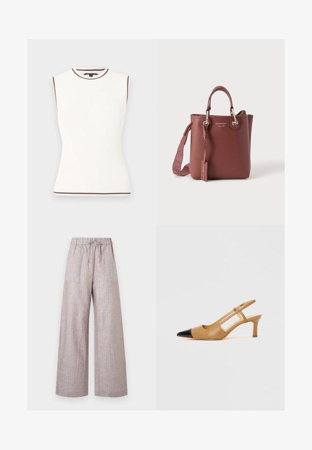 Haut blanc sans manches à côtes avec bordure marron sur l'encolure, les emmanchures et l'ourlet, présenté sur un fond uni.; Pantalon large marron clair avec fines rayures blanches verticales, taille élastique, cordon de serrage et poches plaquées à l'avant.; Escarpins slingback couleur fauve avec embout pointu noir, côtés découpés et talon bloc de hauteur moyenne. Matière en cuir lisse.; Sac à main en cuir marron avec anses supérieures, bandoulière amovible et quincaillerie argentée, marqué du texte « Emporio Armani ».