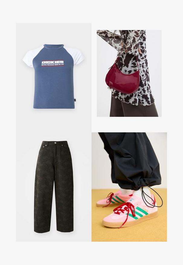 Sininen ja valkoinen raglanhihaisen t-paita, jossa "Dickies Quality Workwear Built For Life" -logo keskellä rintaa.; Tummanvihreät leveälahkeiset housut, joissa on teksturoitu kukkakuosi, viisipaikkainen muotoilu ja metallinapeilla suljettava vyötärö.; Vaaleanpunaiset mokkakenkäset, joissa on vihreät raidat, punaiset nauhat ja kumipohja. Yhdistetty mustiin housuihin, jotka ovat kerätty nilkkojen ympärille.; Nainen, jolla on mustavalkoinen kuviollinen pusero, pitää kiiltävää punaista olkalaukkua yksiväristä taustaa vasten.