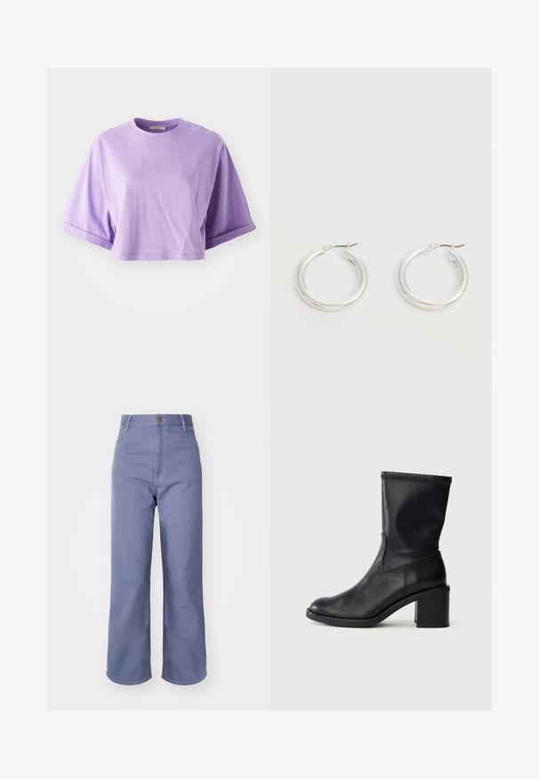 Korte mouwen, cropped t-shirt in lichtpaarse katoen. Heeft een ronde halslijn en opgerolde mouwen, met een gladde textuur en minimale details.; Lichtblauwe wijd-uitlopende jeans van denim, met een hoge taille, sluiting met voorknop en zichtbare stiksels op de zakken en naden.; Zwarte leren enkellaars met een ronde neus, een gladde textuur en een chunky hak, met een strak schacht en subtiele stiksels.; Een paar middelgrote glanzende zilveren oorringen met dunne metalen sluitingen op een lichte neutrale achtergrond.