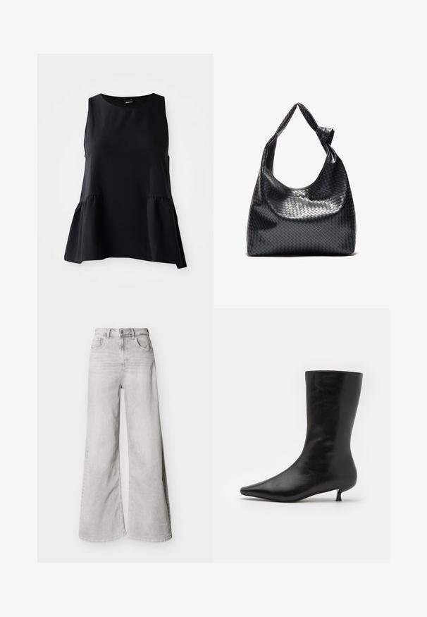 Sort peplum-top med ærmeløs design, glat tekstur, rund halsudskæring og samlede stof ved taljen for ekstra volumen.; Lysegrå jeans med vid ben lavet af denim, med høj talje, forlommer og knaplukning. Glat tekstur med et diskret falmet look.; Sort læder ankelstøvle med spids tå, tætsiddende silhuet og lav, konisk hæl. Glat tekstur, minimalistisk design.; Sort vævet lædertaske med en afslappet design, der har et knyttet rem og en lille dekorativ guldstud foran.
