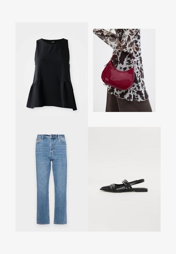 Zwarte peplumtop met een mouwloos ontwerp, een gladde textuur, een ronde halslijn en geraffineerde stof bij de taille voor extra volume.; Lichtblauwe denim jeans met een rechte pijp, vijf zakken, een sluiting met een knoop aan de voorkant en subtiele vervaging op de stof.; Even&Odd Slingback ballerina´s - black; Vrouw met een zwart-wit gebloemde blouse houdt een glanzende rode schoudertas vast tegen een effen achtergrond.