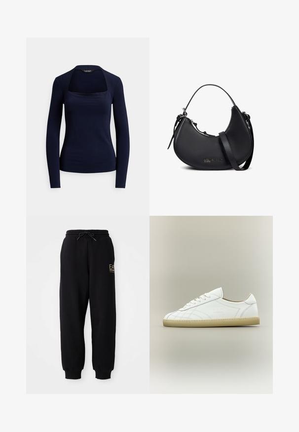 Marineblå langærmet top med firkantet udskæring og tætsiddende silhuet, Lauren Ralph Lauren mærkat indeni kraven.; Sorte sweatpants med snor i taljen, elastiske manchetter og et lille guld logo på venstre side. Blødt stof med en glat tekstur.; Hvid lavtop lædersneaker med beige sål, snøredesign og subtile syede mønstre på neutral baggrund.; Sort læderhåndtaske i halvmåneform med dobbelte stropper, sølv lynlås og subtilt "Karl Lagerfeld Jeans" logo foran.
