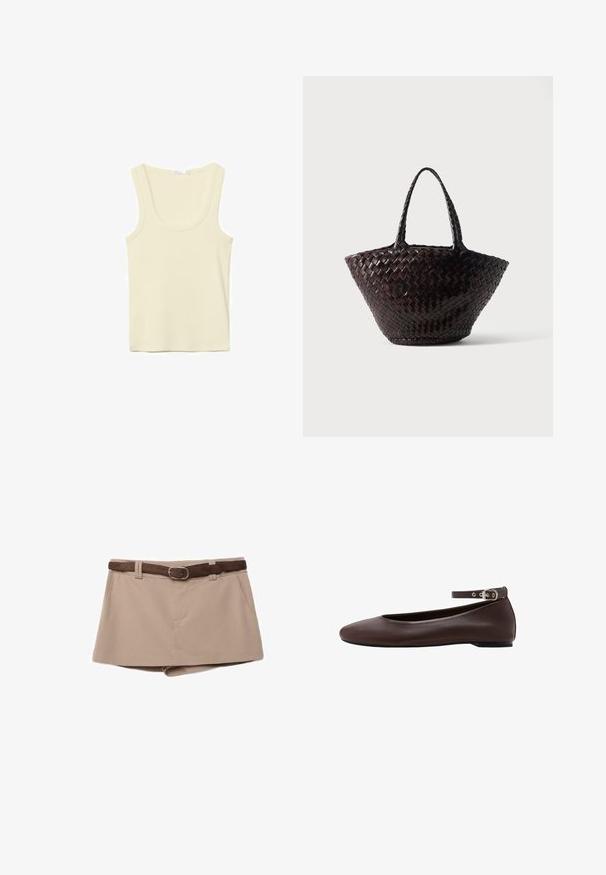 Débardeur sans manches couleur crème avec encolure dégagée et coutures simples, présenté sur un fond blanc.; Mini-jupe beige taille haute avec poches latérales et ceinture en daim marron avec boucle ovale argentée.; Chaussure plate marron foncé avec bout arrondi et bride de cheville réglable avec boucle argentée sur fond blanc.; Sac cabas en cuir tressé marron foncé avec deux poignées et une forme trapézoïdale large posé sur une surface blanche.