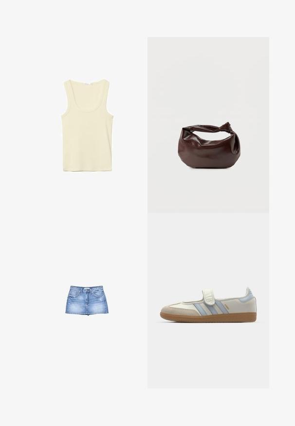 Kremfarvet ærmeløs tanktop med rund halsudskæring og enkel syning, vist på en hvid baggrund.; Denim nederdel i lyseblå med en frynset kant, knaplukning foran og to forlommer. Slidte detaljer tilføjer tekstur.; adidas Originals SAMBA JANE BALLERINA - Ballerinasko m/ rem - cloud white/halo blue; Mørkebrun læder skuldertaske med en blød, afslappet form og et snoet knudehåndtag på en ensartet hvid baggrund.