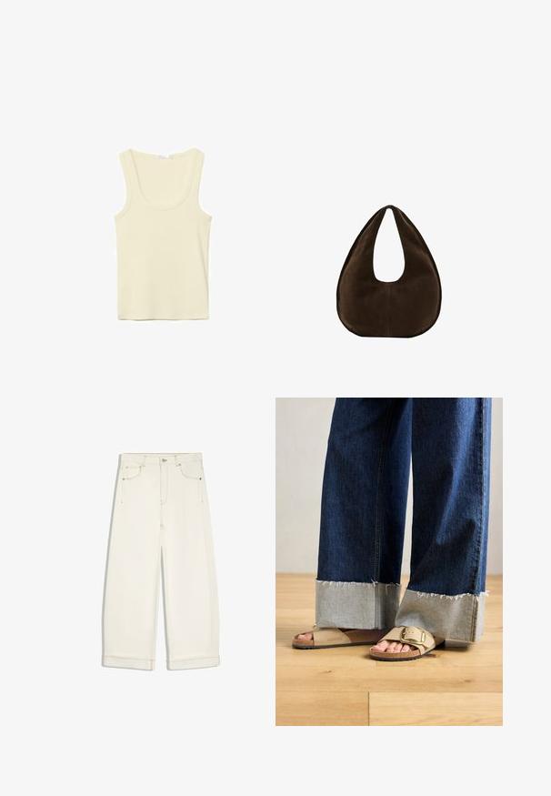 Roomkleurige mouwloze tanktop met ronde hals en eenvoudige stiksels, weergegeven op een witte achtergrond.; Off-white wijde jeans met voorzakken, riemlussen, een knoopsluiting en zichtbare stiksels op een witte achtergrond.; Voeten in beige Birkenstock-sandalen met gouden gespen, gecombineerd met donkerblauwe denimspijkerbroeken die bij de boorden opgerold zijn, staande op een houten vloer.; Donkerbruine suède handtas in halve maanvorm met een enkele brede riem en een gladde textuur op een witte achtergrond.