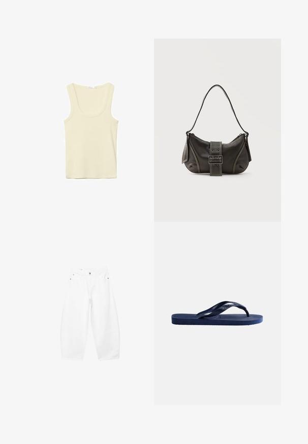 Sahnefarbener ärmelloser Tanktop mit Rundhalsausschnitt und einfacher Naht, auf weißem Hintergrund dargestellt.; Weiße Jeans mit weitem Bein, vorne mit Knöpfen und Reißverschluss, Gürtelschlaufen sowie Seitentaschen und vorderen Taschen, auf einem einfarbigen Hintergrund präsentiert.; Dunkelblaue Gummi-Zehensandale mit strukturierter Sohle und Y-förmigem Riemen auf schlichtem hellem Hintergrund.; Schwarze Leder-Schultertasche mit Schnallengurt-Detail, abgerundeten Kanten und kontrastierenden weißen Nähten auf schlichtem Hintergrund.