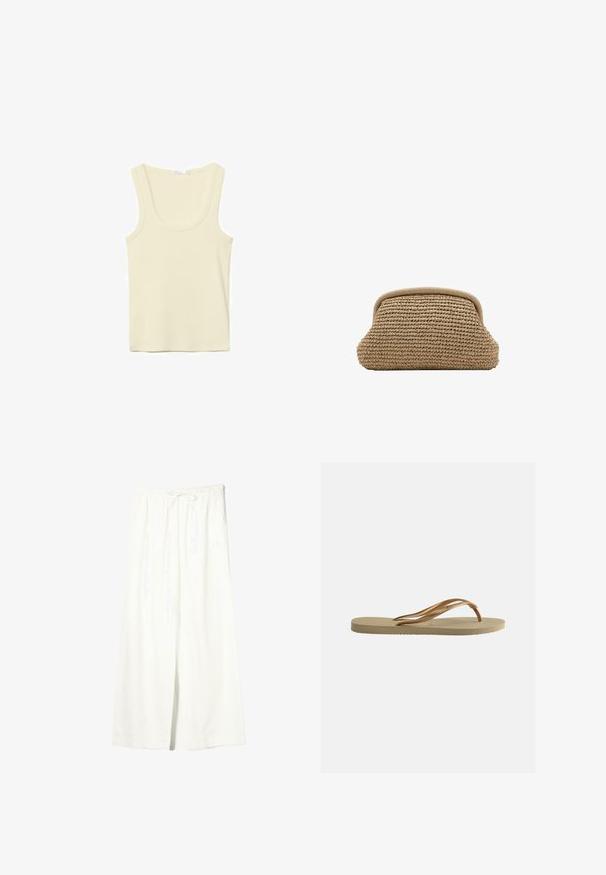 Sahnefarbener ärmelloser Tanktop mit Rundhalsausschnitt und einfacher Naht, auf weißem Hintergrund dargestellt.; Weiße Leinenhose mit weitem Bein, elastischem Bund und Kordelzug, ausgestattet mit Seitentaschen und einem vorderen Schlitz.; Beige Flip-Flop-Sandale mit profilierter Sohle und bronzefarbenen, metallischen Y-förmigen Riemen vor schlichtem weißem Hintergrund.; Beige gewebte Clutch-Handtasche mit abgerundetem oberem Rand und einer weichen, strukturierten Außenseite, vor weißem Hintergrund dargestellt.