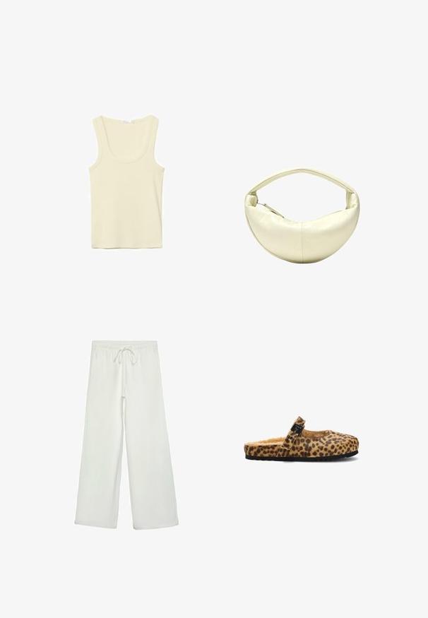 Roomkleurige mouwloze tanktop met ronde hals en eenvoudige stiksels, weergegeven op een witte achtergrond.; Witte wijde broek van zacht materiaal. Heeft een elastische tailleband met een trekkoord en een gladde textuur. Geen zichtbare patronen of hardware.; Slingback pantoffel met luipaardprint, een zachte binnenkant, een ronde neus en een decoratieve zwarte gesp. Zwarte rubberen zool met textuur.; Roomkleurige schoudertas in de vorm van een halve maan met een enkele riem en een ritssluiting aan de zijkant.