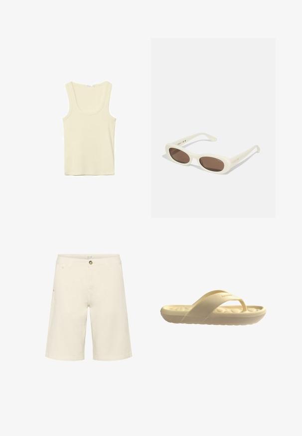 Débardeur sans manches couleur crème avec encolure dégagée et coutures simples, présenté sur un fond blanc.; Shorts couleur crème en mélange de coton, présentant une fermeture à bouton, des passants de ceinture et des poches latérales ; texture lisse avec un design à coupe droite.; Une tong beige clair avec un semelle contournée, une surface texturée et une large sangle douce. Design léger avec une semelle flexible.; Lunettes de soleil crème avec des verres en forme ovale, teintés de brun, dotées d'une finition brillante et d'un discret logo "Vogue" sur le côté.