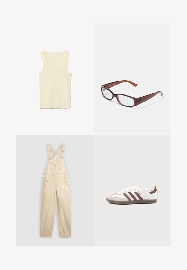 Débardeur sans manches couleur crème avec encolure dégagée et coutures simples, présenté sur un fond blanc.; Salopette beige clair en denim, avec une poche carrée, des bretelles réglables, des boutons-pression sur le côté et une coupe large.; Baskets Adidas Samba blanches avec des bandes en daim marron, semelle en caoutchouc marron et bout en daim beige, vues du côté extérieur sur un fond uni.; Lunettes rectangulaires teintées de brun avec une finition brillante, dotées de branches fines et de verres transparents. Logo visible sur la branche gauche.