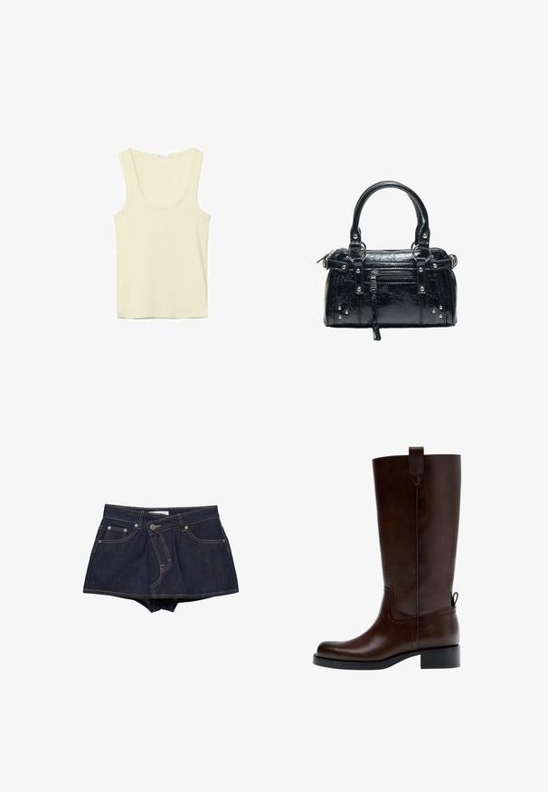 Débardeur sans manches couleur crème avec encolure dégagée et coutures simples, présenté sur un fond blanc.; Mini-jupe en denim bleu foncé avec poches avant, passants de ceinture et surpiqûres jaunes visibles sur fond blanc.; Botte en cuir marron foncé montant jusqu'au genou avec un petit talon bloc, une languette de traction en haut et à l'arrière, et un bout arrondi, vue de profil.; Sac à main en cuir noir avec deux poignées, poche avant zippée, clous argentés et surface texturée isolée sur fond blanc.