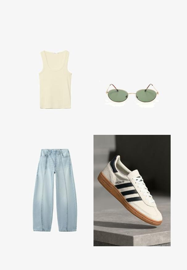 Débardeur sans manches couleur crème avec encolure dégagée et coutures simples, présenté sur un fond blanc.; Jean large bleu clair avec coutures verticales à l'avant, style cinq poches et passants de ceinture, présenté à plat sur fond blanc.; Baskets en daim blanc avec des bandes navy, semelle en caoutchouc gomme, tige texturée, bout rond et lacets ; arbore un logo sur le côté et sur la languette.; Lunettes de soleil ovales à monture en métal doré avec des verres teintés verts et des branches fines reposant sur une surface blanche.
