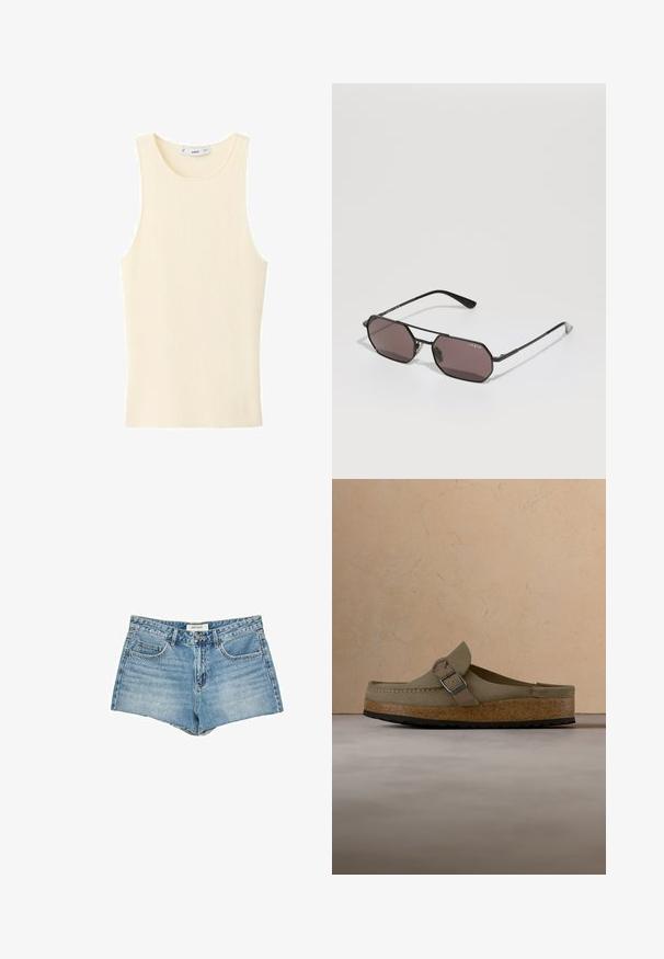 Cremefarbenes, geripptes ärmelloses Tanktop mit rundem Ausschnitt und kleinem Markenetikett am hinteren Innenkragen.; Jeansshorts, hellblau, hochgeschnitten, Fünf-Taschen-Design, ausgefranster Saum, standardmäßiger Knopfverschluss, Logotag am Bund.; Beiger Wildleder-Slipper mit verstellbarem Schnallenriemen, Korksohle und schwarzer Profilsohle, positioniert auf einem passenden strukturierten Teppich.; Schwarze Metal-Sonnenbrille mit achteckigen Gläsern und dunkellilaner Tönung. Verfügt über dünne Bügel und ein Logo auf dem linken Glas.