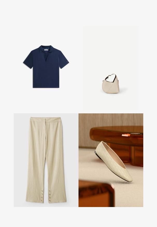 Polo de color azul marino con mangas cortas, cuello y abertura en forma de V, pequeño logo en la manga izquierda.; Pantalones beige de pierna ancha hechos de tela texturizada, con una cintura lisa y detalles de botones en el dobladillo.; Zapato plano beige con perforaciones geométricas flotando sobre una alfombra clara en una habitación con muebles de color ámbar.; Bolso de cuero beige en forma de media luna con una sola correa para el hombro y costuras mínimas, colocado sobre un fondo blanco liso.