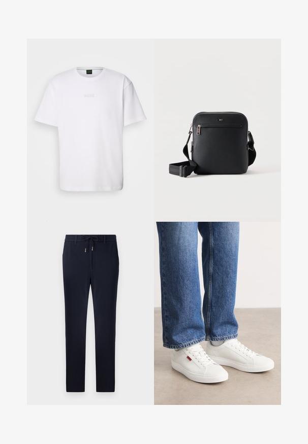 Witte katoenen T-shirt met korte mouwen, ronde halslijn en reliëf 'BOSS' logo op de borst. Veilig textuur, standaard pasvorm.; Marineblauwe broek met een verstelbare tailleband, slanke pasvorm en een gladde textuur. Geen zichtbare patronen of accenten.; Witte sneakers met een glad oppervlak, ronde neus en platte zool. Vergezeld door blauwe denim jeans met een rechte pasvorm en zichtbare stiksels.; Zwarte leren crossbodytas met voorvak met rits en verstelbare band op een effen witte achtergrond.