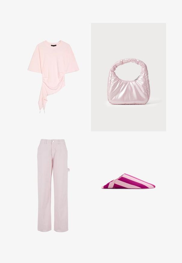 Haut rose clair à manches courtes avec encolure ronde et ourlet drapé asymétrique plus long d'un côté.; Pantalons en coton rose pâle à coupe droite, dotés d'une fermeture à bouton et d'une poche cargo sur le côté. Texture lisse et détails de design minimalistes.; Chausson mule plat avec des larges rayures diagonales alternées rose et violet, bout pointu et dos ouvert.; Sac à main rose rembourré avec un design arrondi, fabriqué à partir d'un matériau brillant. Dispose d'une poignée froncée et d'une fermeture éclair pour un accès sécurisé.