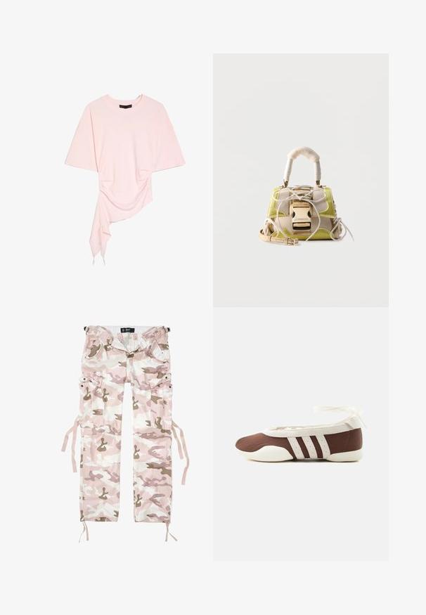 Lyserød top med korte ærmer, rund halsudskæring og asymmetrisk draperet kant, der hænger længere på den ene side.; Kamuflage cargo bukser i pink og beige nuancer, lavet af bomuldsmateriale, med flere lommer og snoretræk ved manchetterne.; Brun og hvid balletflad sko med tre hvide striber og ankelbånds sløjfe på en ensartet lys baggrund.; Lille beige og gul håndtaske med polstret håndtag, forreste spænde og dekorative snørebånd på glat, lys baggrund.