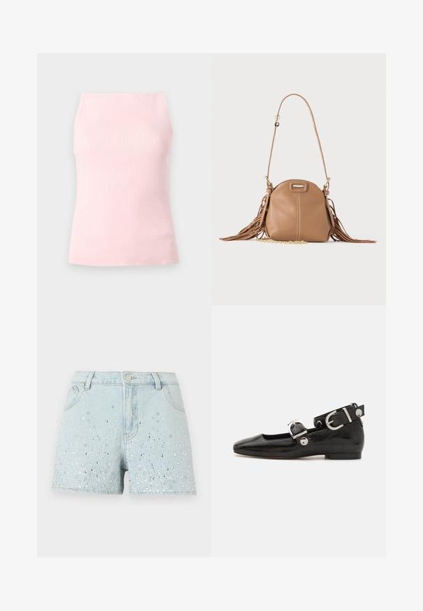 Haut sans manches en maille côtelée rose avec un col carré haut et une silhouette ajustée, présenté sur un fond gris neutre.; Shorts en denim bleu clair avec des ornements en strass argentés et blancs dispersés sur le devant, dotés de passants pour ceinture, d'un bouton et de poches.; Ballerine en cuir verni noir avec un bout carré, sangle de cheville avec des détails en métal argenté et semelle plate. Texture lisse avec un design minimaliste.; Petit sac à bandoulière en cuir fauve avec longue bandoulière, détail chaîne dorée et franges des deux côtés sur un fond neutre.