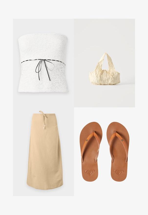Haut sans bretelles en dentelle blanche avec un motif floral et un nœud en ruban noir à la taille, présentant une finition texturée.; Jupe en lin beige avec une taille à cordon de serrage, présentant une texture lisse et un ourlet arrondi. Décorée de petites perles décoratives sur les liens.; Tongs synthétiques marron avec des sangles orange, surface texturée et détail de logo en forme de cœur embossé sur la semelle.; Sac à main en tissu texturé couleur crème avec des anses sur le dessus et un petit nœud noué au centre devant.