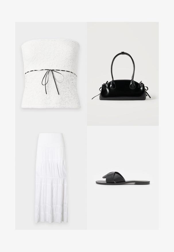 Haut sans bretelles en dentelle blanche avec un motif floral et un nœud en ruban noir à la taille, présentant une finition texturée.; Jupe maxi blanche à volants, réalisée en tissu léger. Elle présente une ceinture élastique et une texture subtile avec des coutures horizontales.; Sandale noire à enfiler avec des brides croisées. Fabriquée en cuir lisse avec une semelle plate et des coutures minimales. Design simple, à bout ouvert.; Petit sac à main noir brillant avec deux longues anses et des détails à cordon sur les côtés sur un fond clair uni.