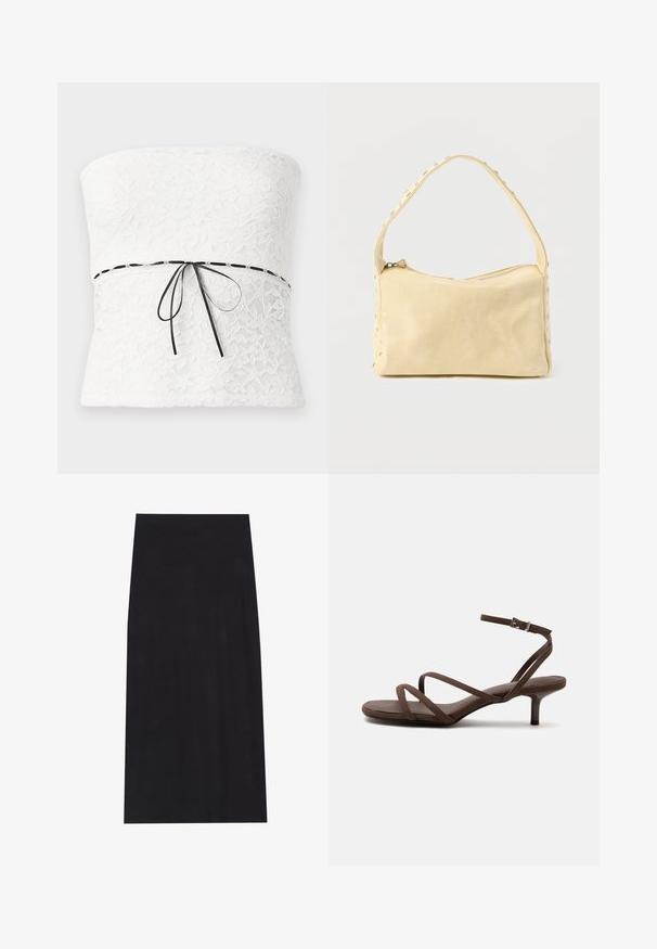 Haut sans bretelles en dentelle blanche avec un motif floral et un nœud en ruban noir à la taille, présentant une finition texturée.; Jupe midi noire en tissu doux et extensible. Présente une silhouette droite et une taille élastique pour un ajustement confortable.; Sandale marron à talons hauts avec fines lanières croisées et bride de cheville avec boucle argentée sur fond blanc.; Petit sac à main en cuir beige avec une seule bandoulière et des clous argentés le long des bords et de la bandoulière, posé sur un fond uni.