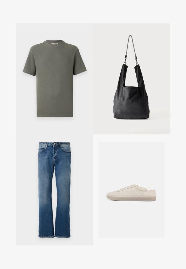 Olivgrünes T-Shirt mit kurzen Ärmeln aus strukturiertem Strick, Rundhalsausschnitt und geradem Saum, flach auf weißem Hintergrund.; Helle blaue Jeans aus Denim mit geradem Bein, ausgestattet mit fünf Taschen, einem Knopfverschluss und subtilen Ausbleichungen auf dem Stoff.; Beiger Wildleder-Sneaker mit strukturiertem Obermaterial, glattem weißen Fersenbereich, dünnen Schnürsenkeln und Gummisohle. Verfügt über ein flaches Design.; Schwarze weiche Stofftragetasche mit breiten Griffen und einem dünnen schwarz-weißen geflochtenen Schulterriemen.