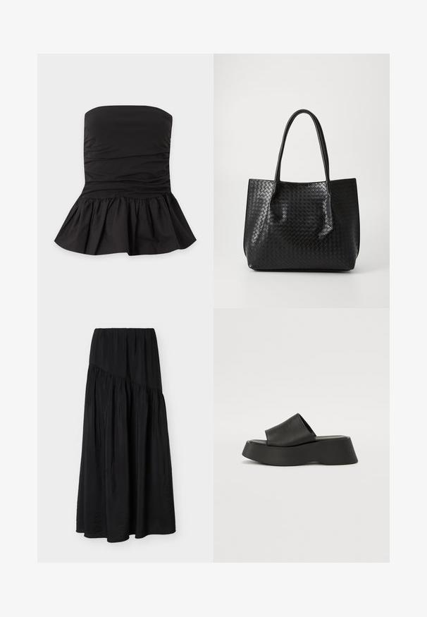 Sort stropløs top med rynket stof og en udflaret peplum-kant, vist fladt på en lys baggrund.; Sort ankel-lang nederdel med opsamlet stof og en diagonal sømdetalje på tværs foran.; Sorte platform sandaler med en bred rem og chunky sål. Lavet af glat materiale med en mat finish og uden synligt hardware.; Sort vævet læder tote bag med to håndtag, struktureret form og subtil glansfinish på en ensfarvet lys baggrund.