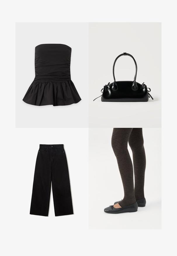 Sort stropløs top med rynket stof og en udflaret peplum-kant, vist fladt på en lys baggrund.; Sorte, vidde jeans lavet af denim med høj talje, med en fem-lomme design og en enkelt knaplukning foran.; Ben iført mørke ribbede leggings kombineret med sorte balletsko med små sløjfedetaljer på hvid baggrund.; Lille sort blank håndtaske med to lange håndtag og snøre-detaljer i siden på en ensfarvet lys baggrund.