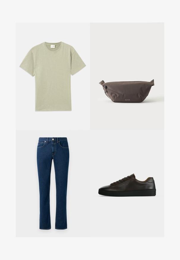 Hellgrünes T-Shirt mit kurzen Ärmeln und Rundhalsausschnitt, mit einem kleinen gestickten Logo auf der unteren linken Frontseite.; Dunkelblaue Denim-Jeans mit einem schlanken, geraden Bein, klassischem Fünf-Taschen-Design und einem Knopfverschluss am Bund.; Flach geschnittener dunkelbrauner Ledersneaker mit schwarzer Gummisohle, Schnürung vorne und schlicht-minimalistischem Design auf hellem Hintergrund.; Dunkelbraune Stoff-Gürteltasche mit diagonalem Reißverschlussfach und kleinem weißen Logo vorne, vor einem einfarbigen hellen Hintergrund.