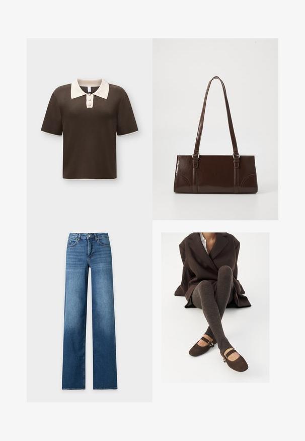 Polo en maille marron à manches courtes avec un col blanc contrastant, trois boutons décoratifs et des finitions blanches aux manches et à l'ourlet.; Jean denim bleu à jambes larges avec cinq poches et fermeture par bouton, présenté à plat sur un fond clair.; Des chaussettes marron côtelées jusqu'aux genoux associées à des ballerines en daim marron de type Mary Jane avec une sangle décorative et une boucle, portées avec un manteau sombre.; Sac à main en cuir verni marron de forme rectangulaire, avec deux longues poignées et des accents courbés subtils à l'avant.