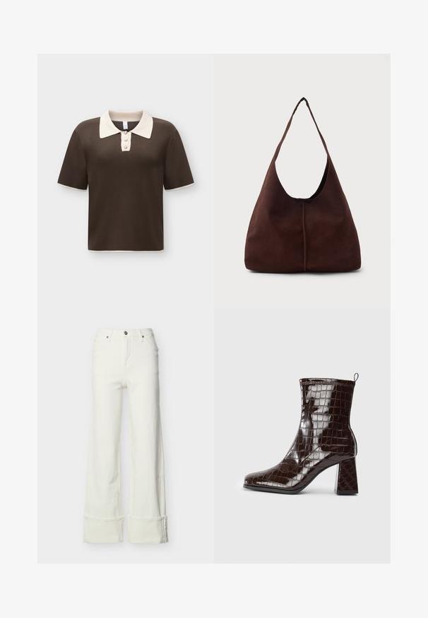 Polo en maille marron à manches courtes avec un col blanc contrastant, trois boutons décoratifs et des finitions blanches aux manches et à l'ourlet.; Jean blanc à jambes larges avec taille haute, bouton et fermeture éclair à l'avant, passants de ceinture, poches avant et arrière, et ourlets repliés.; Bottine en cuir verni marron foncé, avec texture crocodile, talon carré et tirant à l'arrière sur fond blanc.; Sac hobo en daim marron avec une grande ouverture courbée et une large bandoulière. Présente une couture centrée à l'avant. Texture lisse.