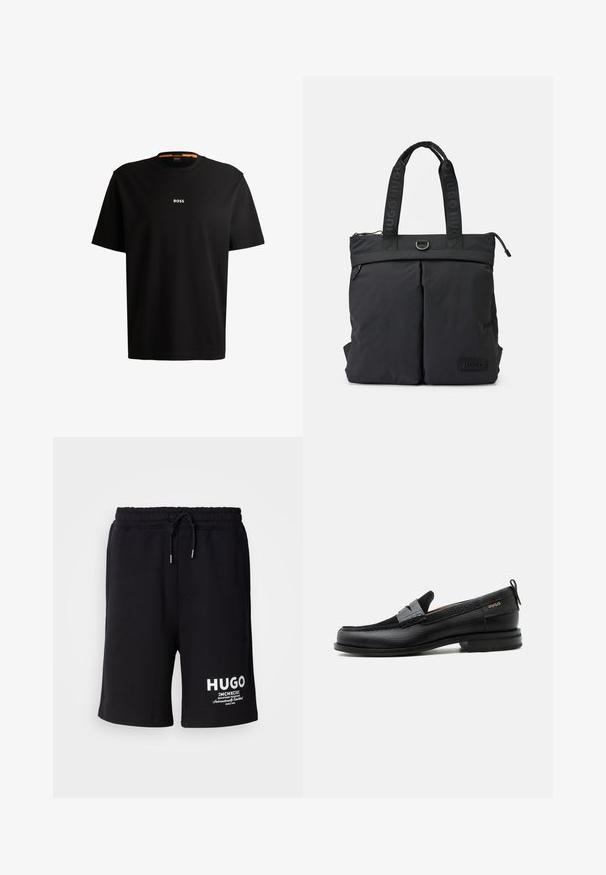 Zwarte katoenen t-shirt met ronde halslijn, korte mouwen en een witte "BOSS"-logo in het midden van de borst. Het heeft een gladde textuur en een casual pasvorm.; Zwarte katoenen shorts met een elastische tailleband en koord. Witte "HUGO" logo op het linkerpijp. Eenvoudig ontwerp, knielange snit.; Zwarte leren loafer met grijs riemdetailelement, lage hak en gestructureerde zool, aan de zijkant gebrandmerkt met "HUGO" in goud.; Zwarte draagtas van glad materiaal, met twee frontzakken, dubbele handvatten met reliëflogo en een ritsluiting aan de bovenkant.