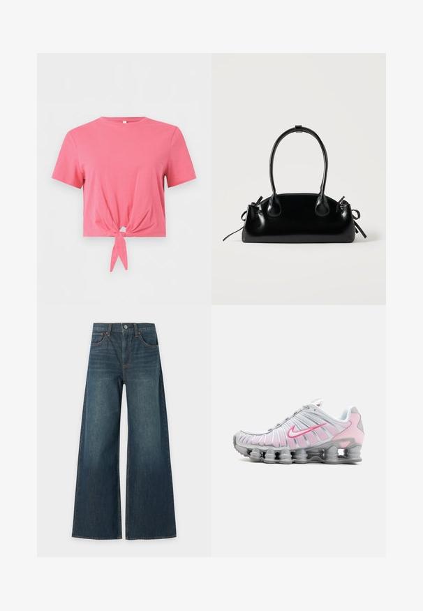 Pinkes kurzärmeliges Cropped-T-Shirt mit Rundhalsausschnitt und vorderem Knoten-Detail auf einfarbigem Hintergrund.; Weit geschnittene blaue Jeans aus Denim mit fünf Taschen, Knopfverschluss und sichtbaren braunen Nähten, flach auf weißem Hintergrund dargestellt.; Nike Sportschuh in Weiß und Hellrosa. Mit einem Obermaterial aus Mesh und einer markanten, gewölbten Sohle mit sichtbarer Luftpolsterung.; Kleine schwarze glänzende Handtasche mit zwei langen Griffen und seitlichen Kordelzug-Details vor einfachem hellem Hintergrund.