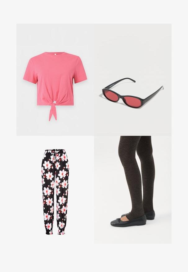 Camiseta corta rosa de manga corta con cuello redondo y detalle de nudo delantero sobre fondo liso.; Pantalones de tela negra con patrón floral en blanco y rojo, con cintura elástica y cordón ajustable, y puños fruncidos. Material ligero.; Piernas con leggings oscuros acanalados combinados con bailarinas negras que presentan pequeños detalles de lazo sobre un fondo blanco.; Gafas de sol ovaladas negras con varillas delgadas y lentes tintados de rojo descansando sobre una superficie blanca.