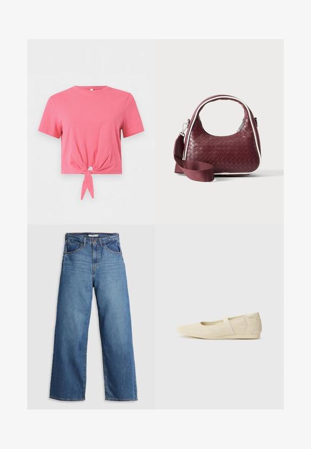 Pink kortærmet crop top med rund hals og knudedetalje foran på ensfarvet baggrund.; Blå denim brede jeans med høj talje, der har fem lommer, kontrastsyning og lynlås.; Lysebrune ballet flats med en glat læderoverflade, mandelformet tå og elastisk rem over vristen, med diskrete syninger.; Mørkerød vævet lædertaske med buet hank, hvid kant, sølv lynlås og aftagelig bred stofskulderrem mod en ensfarvet baggrund.
