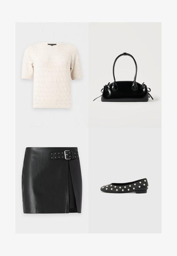 Pull en maille crème à manches courtes avec un motif œillet subtil, col rond et poignets et ourlet côtelés.; Mini-jupe en simili cuir noir avec une ceinture réglable comportant une boucle en argent et des clous décoratifs, design à enroulement avant et texture lisse.; Chaussure plate noire avec des clous ronds argentés répartis uniformément sur toute la surface, talon bas et bout arrondi, vue de côté sur fond blanc.; Petit sac à main noir brillant avec deux longues anses et des détails à cordon sur les côtés sur un fond clair uni.