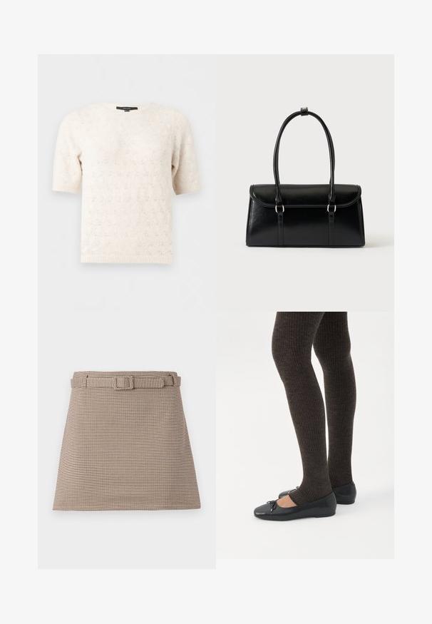 Kortærmet striksweater i creme med subtilt hulmønster, rund halsudskæring og ribstrikkede manchetter og kant.; Brune og beige houndstooth-mønstrede shorts med bælte i taljen og rene linjer, skræddersyet struktur og glat stofstruktur.; Ben iført mørke ribbede leggings kombineret med sorte balletsko med små sløjfedetaljer på hvid baggrund.; Sort rektangulær læderhåndtaske med klaplukning og to lange håndtag mod en ensfarvet hvid baggrund.