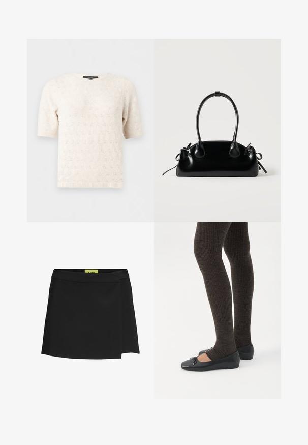 Pull en maille crème à manches courtes avec un motif œillet subtil, col rond et poignets et ourlet côtelés.; Jupe portefeuille noire en tissu lisse, présentant une taille haute et une fente sur le côté. L'étiquette est visible dans une couleur jaune vif contrastante.; Jambes portant des leggings côtelés foncés associés à des ballerines noires avec de petits détails en nœud sur fond blanc.; Petit sac à main noir brillant avec deux longues anses et des détails à cordon sur les côtés sur un fond clair uni.