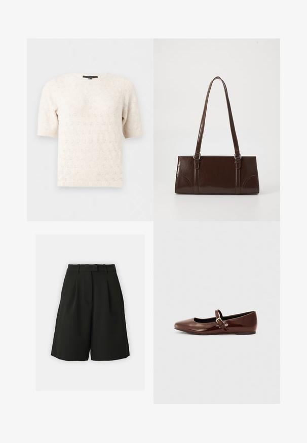 Creme kleurige korte mouwen, gebreide trui met subtiel ajourpatroon, ronde hals en geribbelde boorden en zoom.; Vero Moda Tall VMBECCA BERMUDA - Shorts - black; Bruine gepatineerde leren balletschoen met een vierkante neus en een bandje met een kleine gouden gesp. Gladde textuur, lage hak en minimalistisch ontwerp.; Bruine lakleren handtas met een rechthoekige vorm, twee lange handvatten en subtiele gebogen accenten aan de voorkant.