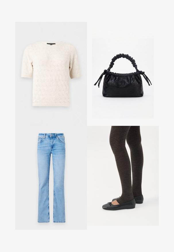 Pull en maille crème à manches courtes avec un motif œillet subtil, col rond et poignets et ourlet côtelés.; Jeans en denim bleu clair évasés avec cinq poches, une fermeture à bouton et des passants de ceinture, présentant des zones décolorées et une texture lisse.; Jambes portant des leggings côtelés foncés associés à des ballerines noires avec de petits détails en nœud sur fond blanc.; Sac à main noir avec texture crocodile, bord supérieur froncé, poignée plissée et pompons à cordon de chaque côté sur fond blanc.