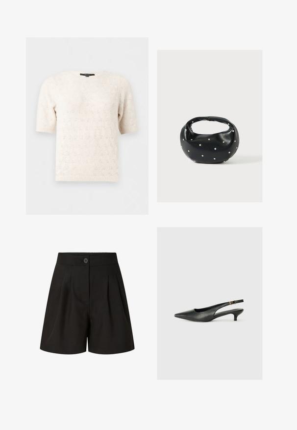 Pull en maille crème à manches courtes avec un motif œillet subtil, col rond et poignets et ourlet côtelés.; Shorts noirs taille haute ajustés avec plis à l'avant, fermeture par bouton et finition tissu lisse.; Chaussure slingback noire à bout pointu en cuir lisse. Présente un talon fin et un détail de boucle sur la sangle réglable.; Sac à main en cuir noir de forme arrondie, décoré de clous argentés et équipé d'une poignée courte. Texture lisse et fermeture éclair.