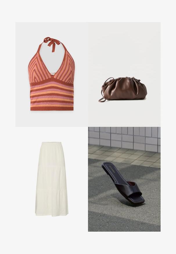 Strikket halterneck-top med ribbet tekstur i brune, pink og orange striber og chevron-mønstre, bundet ved nakken.; Hvid, lagdelt maxiskørt lavet af let, struktureret stof med elastisk talje. Har tre forskellige stofsektioner.; Mørkebrun sandal med åben tå, firkantet tå og bred rem, hvilende på grå asfalt nær flisebelagt fortov.; Blød brun læderpung med samlet top og tynd strop, hvilende på hvid baggrund.