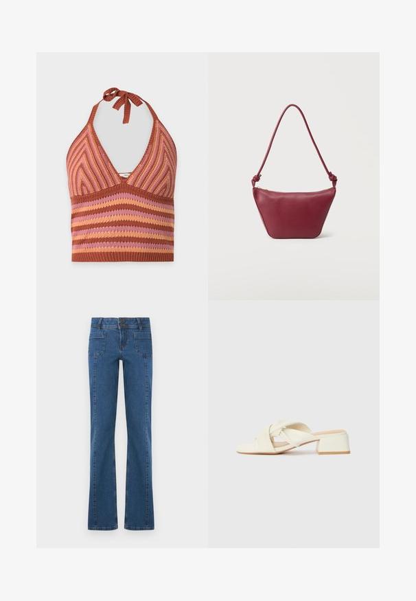 Strikket halterneck-top med ribbet tekstur i brune, pink og orange striber og chevron-mønstre, bundet ved nakken.; Blå denim jeans med forlommer, dobbelt knaplukning og let udvidede ben, vist fladt på hvid baggrund.; Cremefarvede blokhælede sandaler med snoede stropper og en flad tåbund. Glat syntetisk materiale med en mat finish.; Lille skuldertaske i bordeaux læder med knyttet rem og lynlåslukning øverst mod en ensartet lys baggrund.