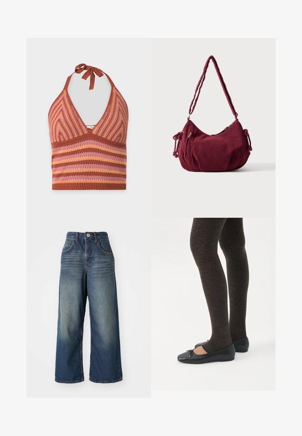 Strikket halterneck-top med ribbet tekstur i brune, pink og orange striber og chevron-mønstre, bundet ved nakken.; Bredde denim jeans i en mellemblå vask, med forlommer, en knap- og lynlåslukning samt let falmning på lårene.; Ben iført mørke ribbede leggings kombineret med sorte balletsko med små sløjfedetaljer på hvid baggrund.; Blød bordeaux kordfløjls skuldertaske med justerbar rem, lynlås lukning, sidelommer med bindebånd og en front lynlåslomme.