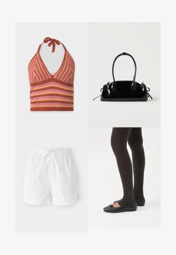 Haut dos nu tricoté avec texture côtelée en rayures marron, rose et orange et motifs chevrons, noué au cou.; Shorts en coton blanc avec une taille élastique et un cordon de serrage ajustable. Dotés de fentes latérales pour plus de mobilité et d'une coupe décontractée.; Jambes portant des leggings côtelés foncés associés à des ballerines noires avec de petits détails en nœud sur fond blanc.; Petit sac à main noir brillant avec deux longues anses et des détails à cordon sur les côtés sur un fond clair uni.
