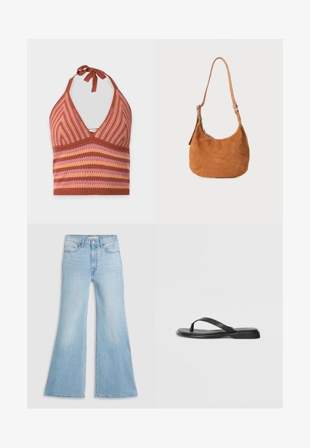 Pletený halter top s rebrovanou štruktúrou v hnedej, ružovej a oranžovej pruhovanej a chevron vzore, zaviazaný na krku.; Svetlomodré rozšírené rifle s vysokým pásom vyrobené z denimu. Obsahujú klasický dizajn s piatimi vreckami a surový lem na manžetách.; Čierne šľapky vyrobené z hladkej kože, s tenkým pásikom a plochou podrážkou s minimalistickým profilom. Bez výrazných vzorov alebo akcentov.; Tanová semišová kabelka na plece s zakriveným dizajnom, nastaviteľným popruhom, kovovým zipsom a vytlačeným logom na prednej strane.