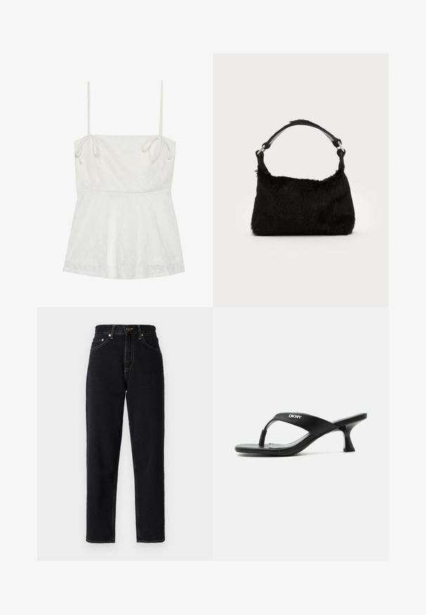 Hvid camisole med justerbare spaghettistropper, tekstureret blomsterdesign på stoffet og flagrende kant.; Sorte denimjeans med lige ben design, høj talje og kontrastsyning. Har fem lommer og lynlåslukning.; Sort hælsandal med DKNY-logo på remmen og en slank, buet kitten-hæl på hvid baggrund.; Sort faux fur håndtaske med en blød tekstur, rund form og en robust skulderrem i sort læder. Synlige sølvhardware-detaljer.
